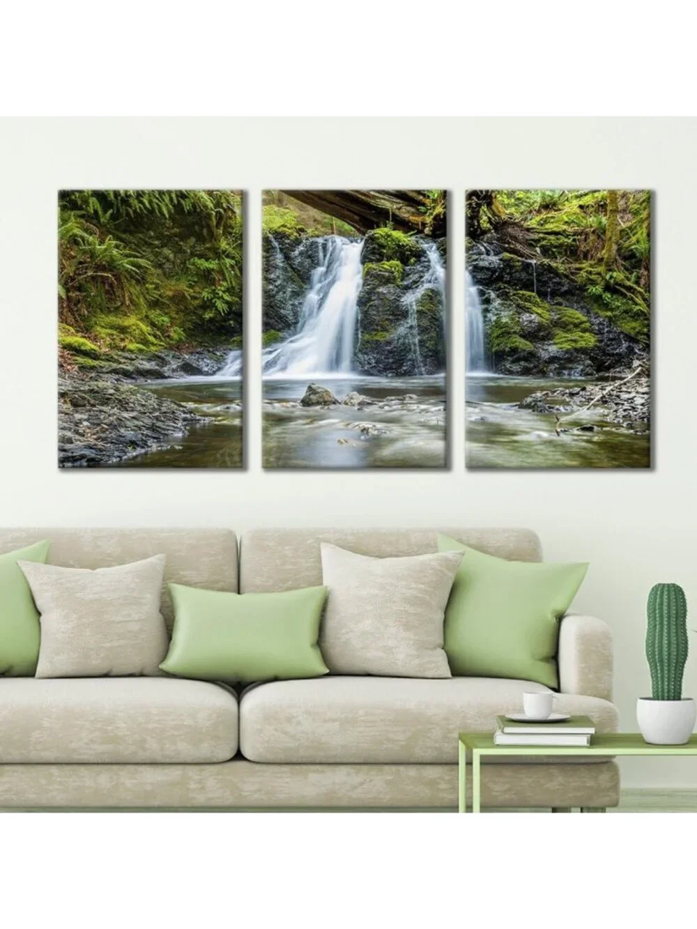 Majestic 3 Panel Canvas Wall Art - Secluded Forest Waterfall Triptych - Modern